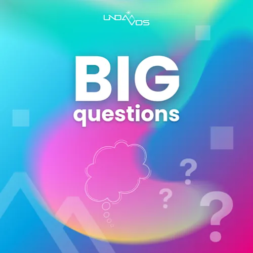 Colorful gradient background with white text reading 'BIG questions' and a thought bubble above question marks.
