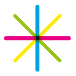 Colorful abstract star composed of intersecting lines in blue, yellow, green, and pink.