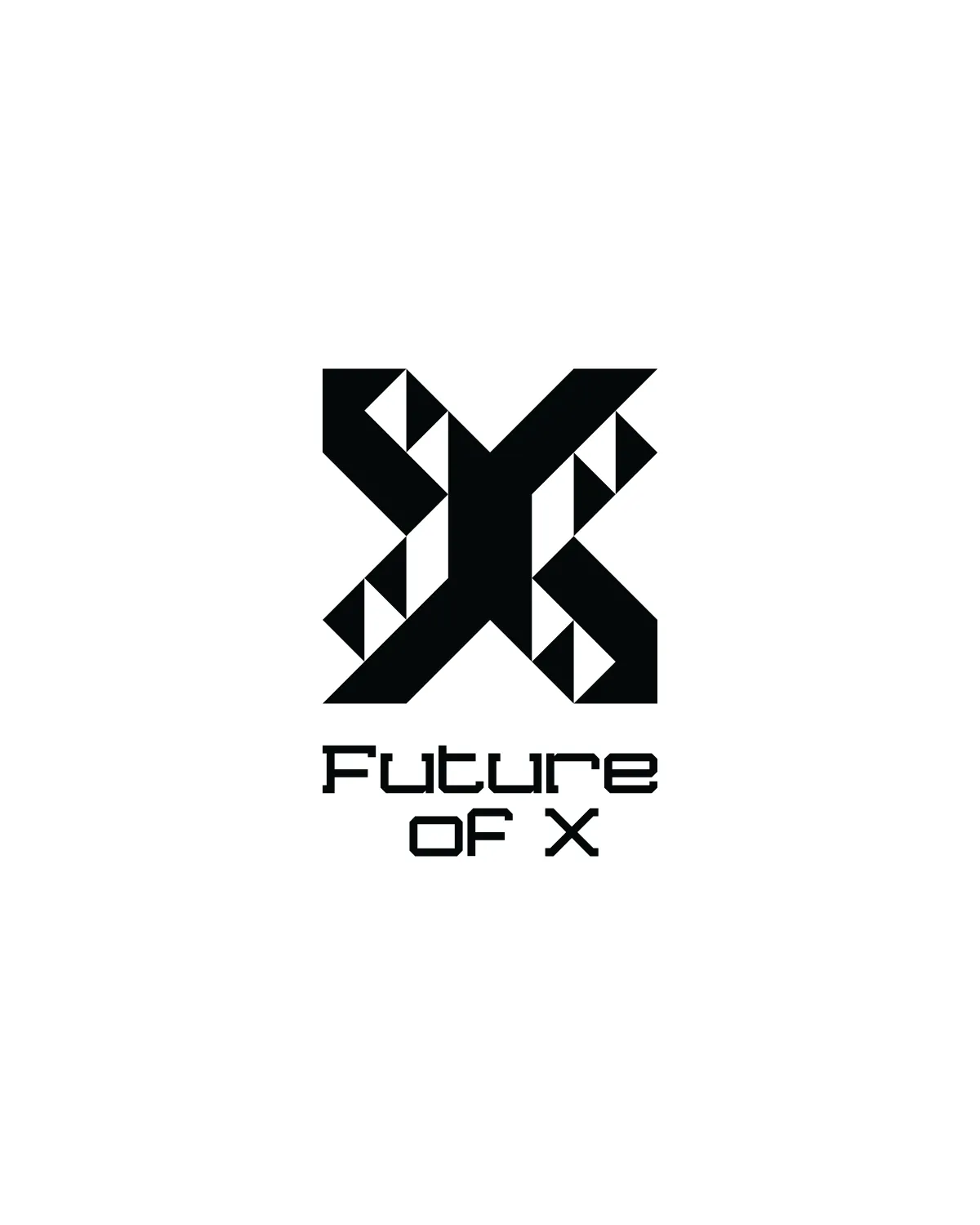 Black geometric 'X' logo with triangular patterns above the text 'Future of X' on a white background.