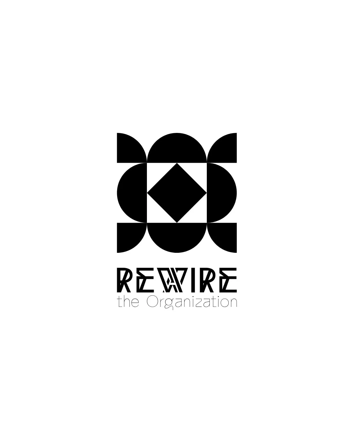 Black abstract geometric logo above the words REWIRE the Organization on a white background.