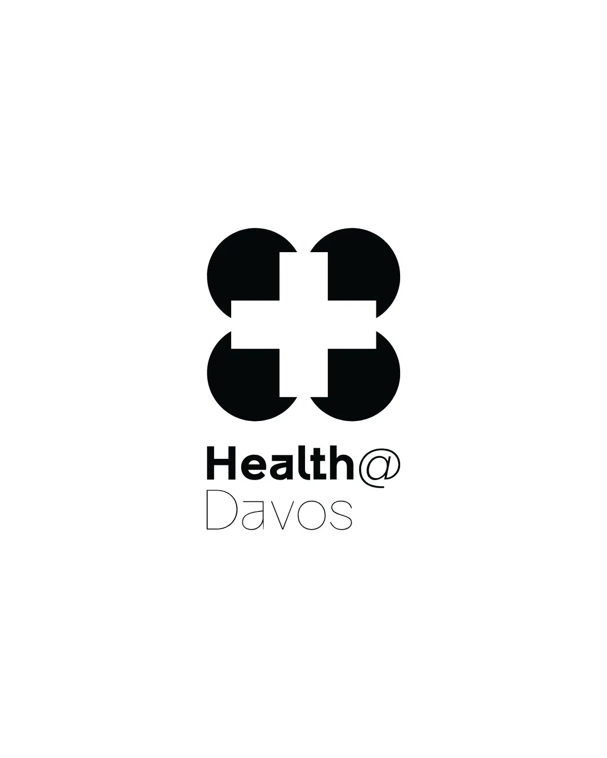 Black and white Health@Davos logo with a cross symbol composed of four bold shapes.