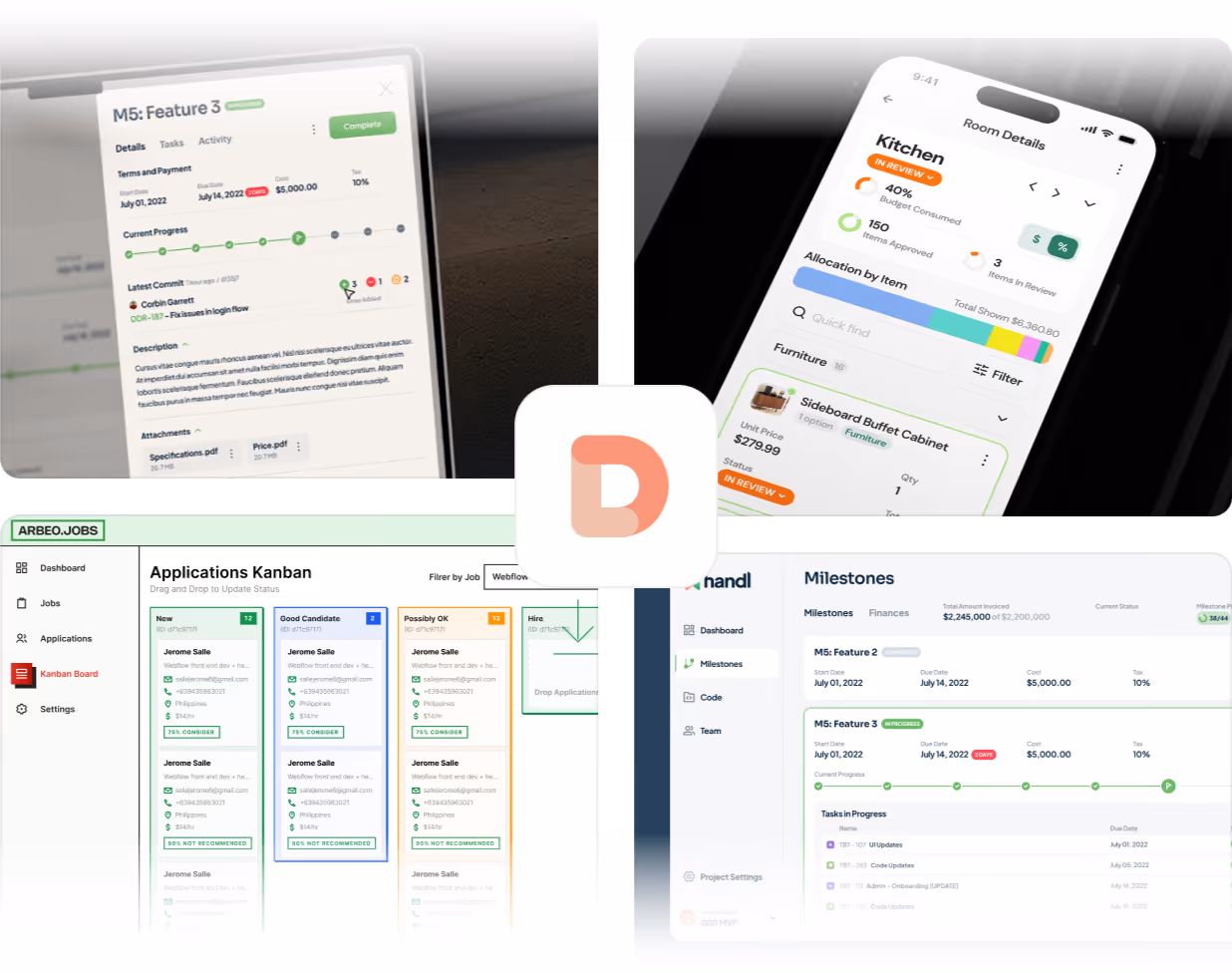 Composite image showing software interfaces for project management, job application Kanban board, and budget tracking on mobile and desktop screens.