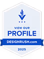 Blue and white badge with text 'View our Profile DesignRush.com 2025' and a stylized leaf logo above.