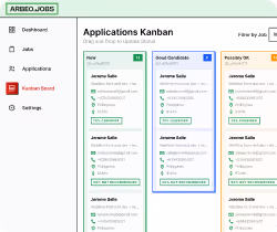 Kanban board interface showing job applications categorized into three columns: How New, Good Candidate, and Possibly OK, each with candidate details and contact icons.