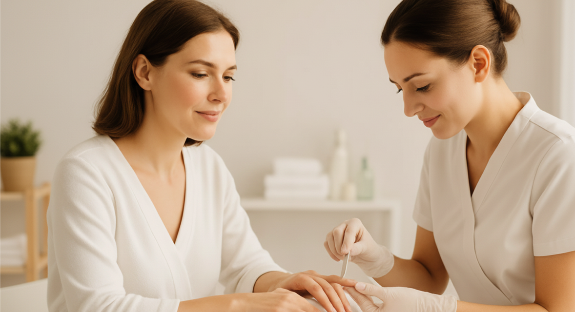 Manicurist wearing white uniform and gloves filing nails of a smiling woman in a spa setting.