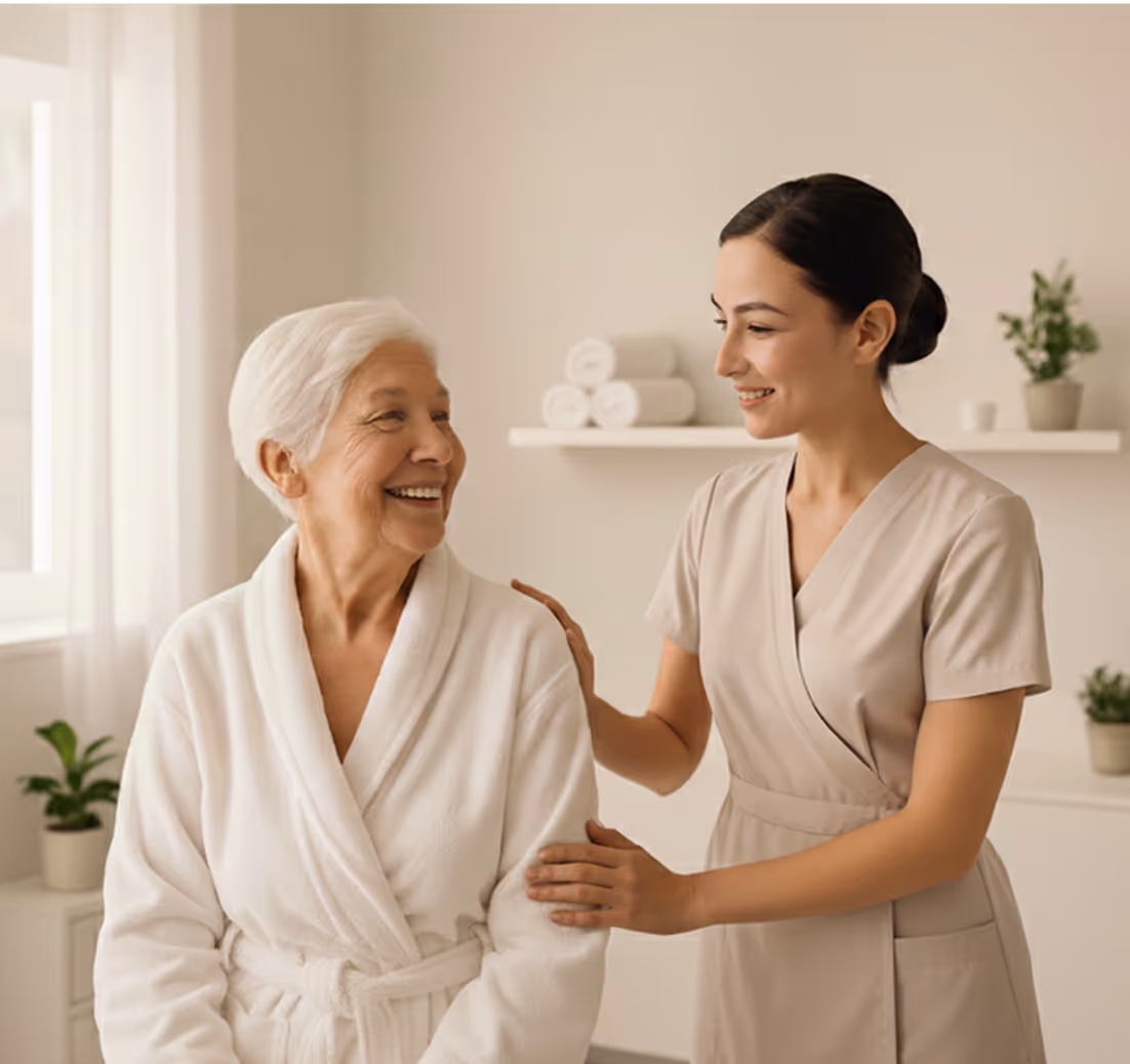 Smiling elderly woman in a white robe being gently supported by a smiling female caregiver in beige scrubs in a bright room.