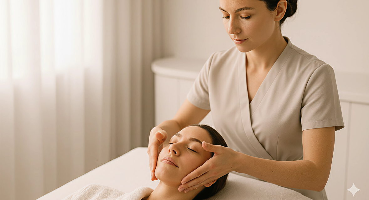 A woman receiving a facial massage from a therapist in a serene spa setting.