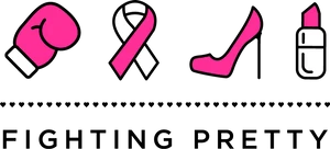 Row of four pink and black icons: boxing glove, breast cancer awareness ribbon, high-heeled shoe, and lipstick.