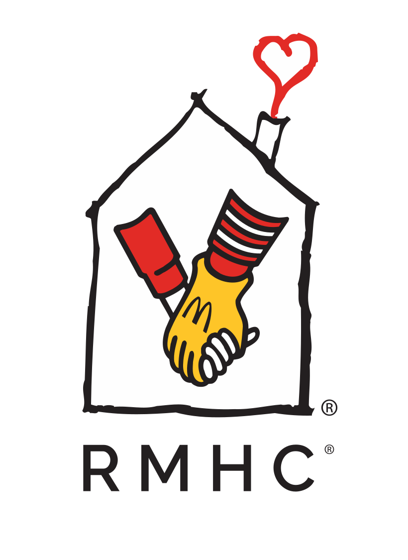 Ronald McDonald House Charities logo with two gloved hands holding inside a house outline and a heart-shaped smoke from the chimney.