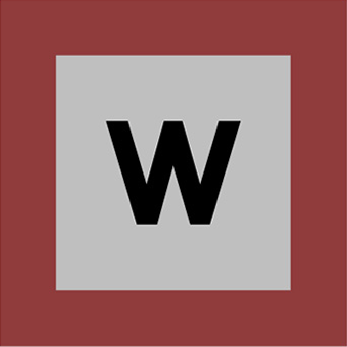 Black letter W centered on a gray square with a maroon border.