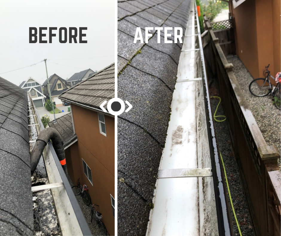 A before-and-after comparison of a home’s gutters, showing debris-filled gutters on the left and fully cleaned gutters on the right, demonstrating professional gutter cleaning by Clean Break in Vancouver and Richmond.