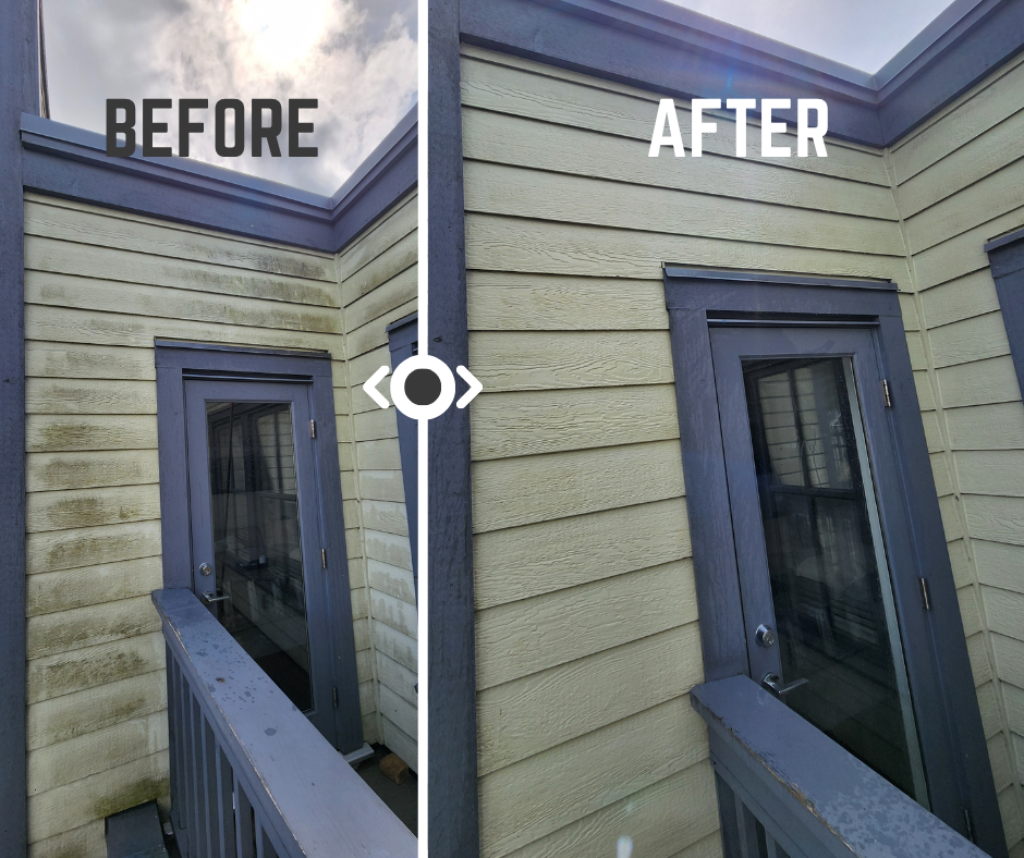 A before-and-after comparison of a home's exterior siding, showing the left side covered in dirt and mold and the right side fully cleaned, demonstrating professional siding cleaning by Clean Break in Vancouver and Richmond.