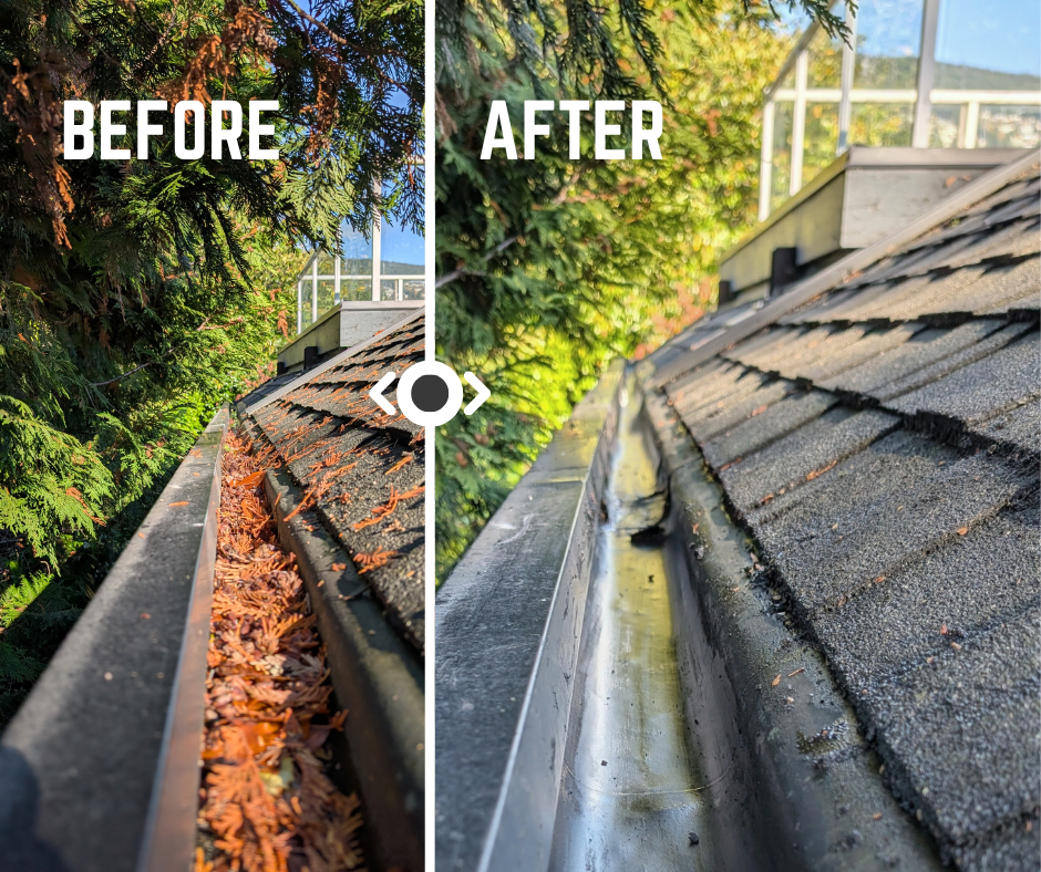 A before-and-after comparison of a home’s gutter, showing a debris-filled gutter on the left and a fully cleaned gutter on the right, demonstrating professional gutter cleaning by Clean Break in Vancouver and Richmond.
