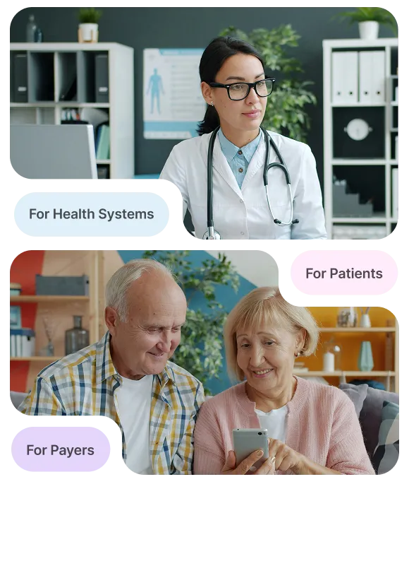 Stitch supports health systems, patients, and payers: a clinician, an older couple reading a phone together, and a patient with a family member