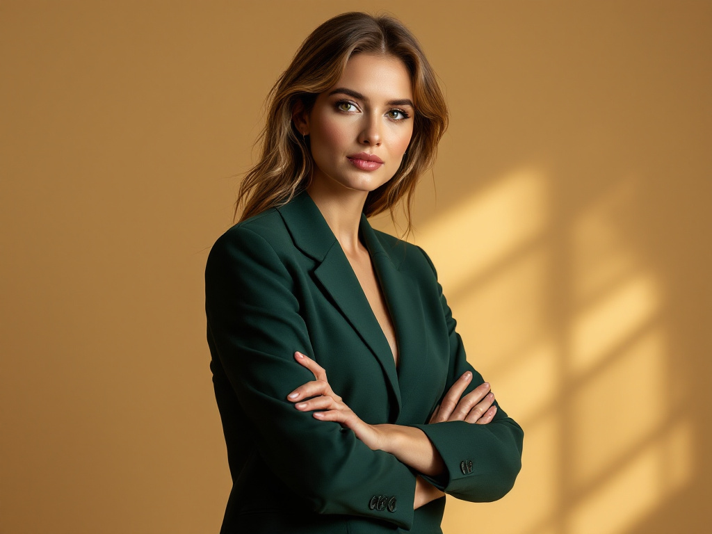 Selbstbewusste Frau im petrolfarbenen Blazer