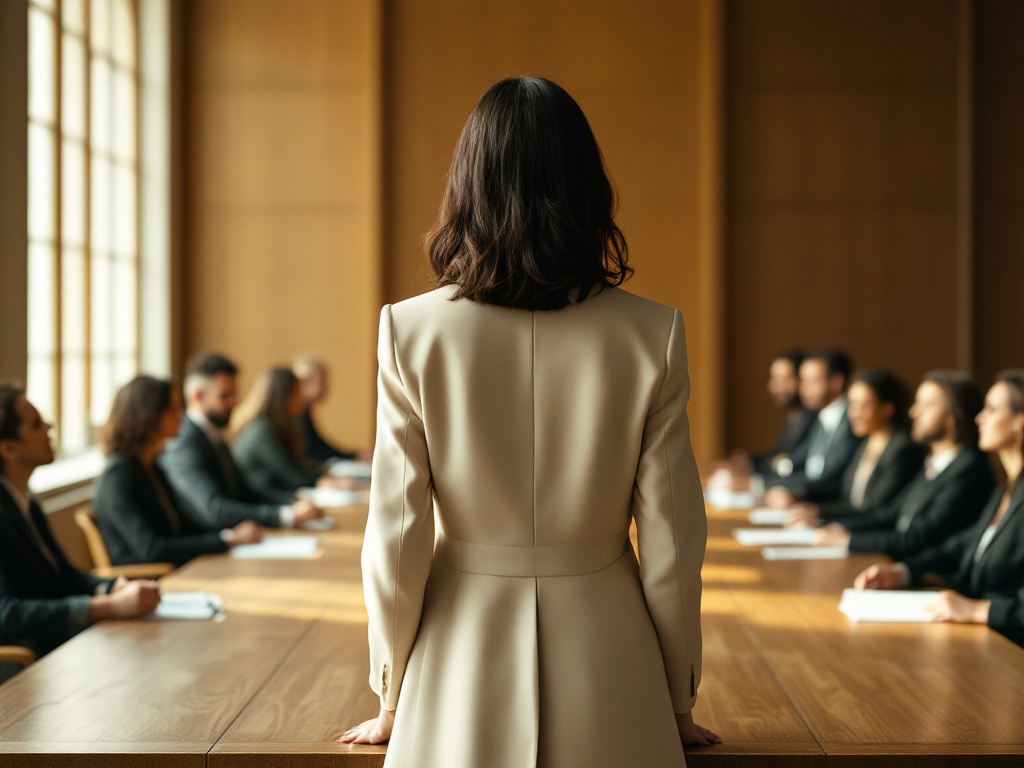 Frau steht souverän am Kopf eines Konferenztisches