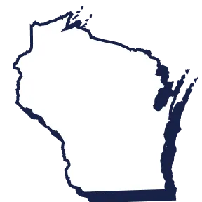 Outline map of the state of Wisconsin in dark blue and white.