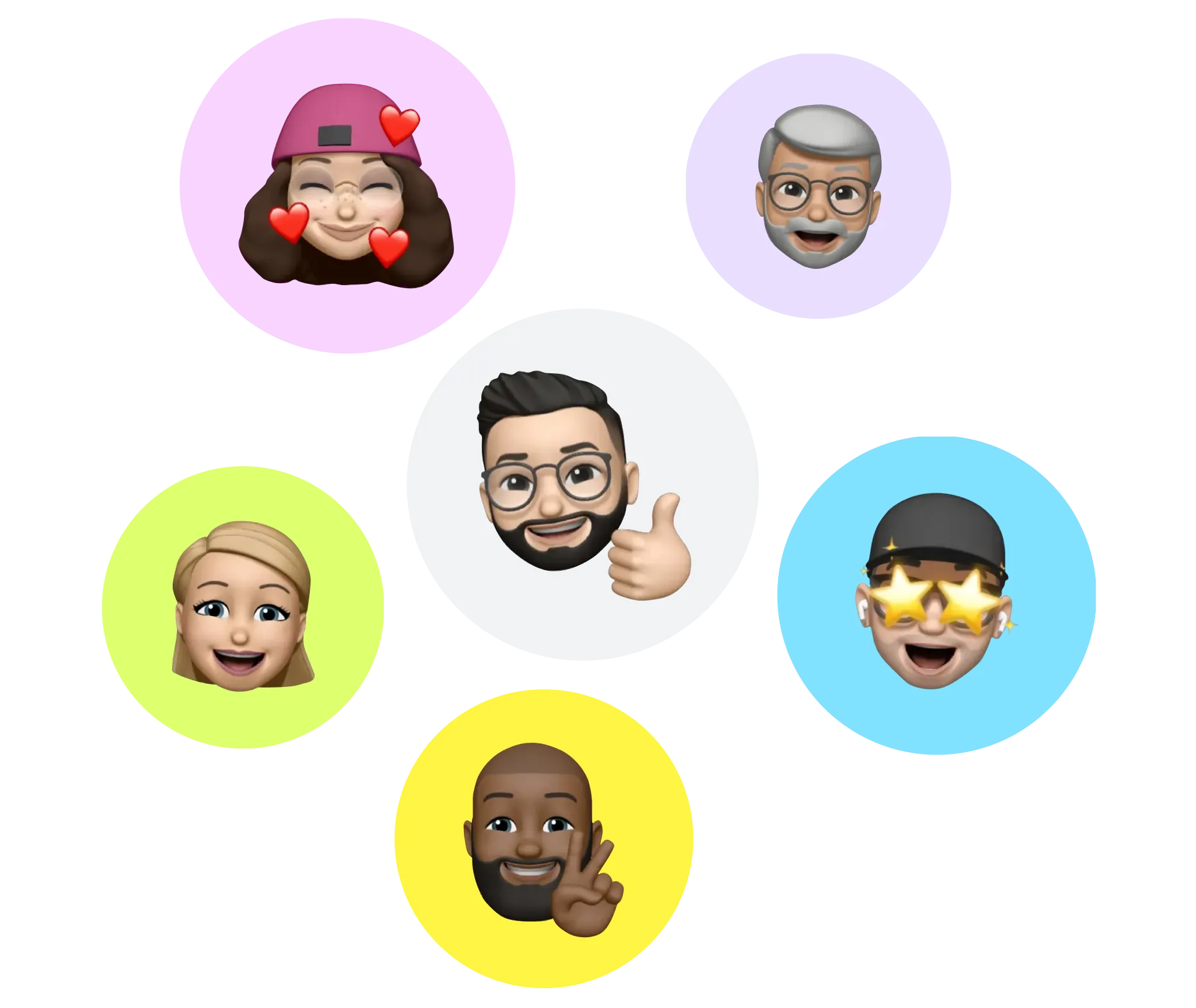 Six emoji-style faces expressing different emotions, each inside a colored circle: a woman with a pink hat and hearts, a gray-haired man with glasses, a man with black hair and glasses giving a thumbs-up, a blonde woman smiling, a man with a beard and peace sign, and a man wearing star-shaped glasses and a black hat.