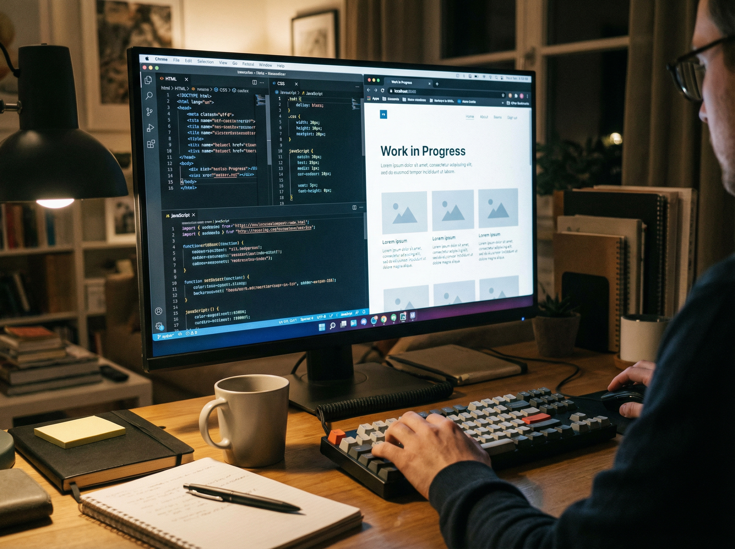 Ein Foto von einem Mann am PC der eine Webseite Entwickelt