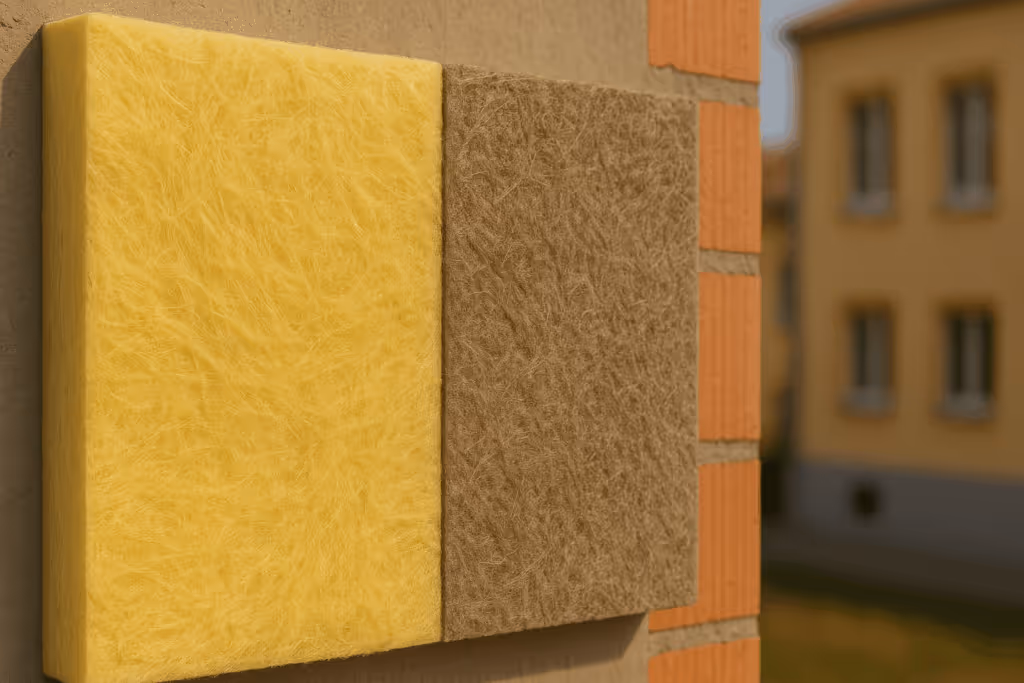 Ein Stück Mineralwolle Dämmplatte an einer Hauswand