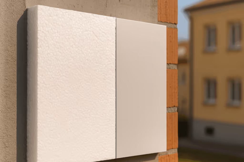 Ein Stück Polysterol Dämmplatte an einer Hauswand