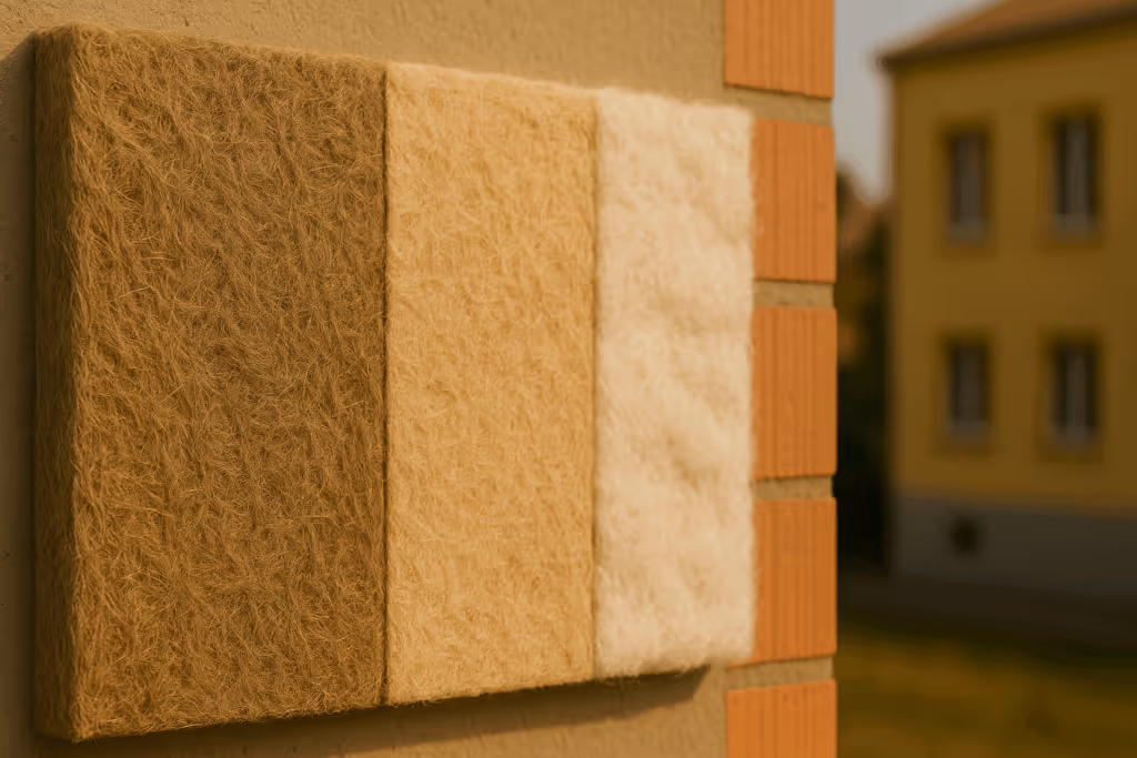 Ein Stück Dämmmaterial aus nachhaltigen Materialien an einer Hauswand