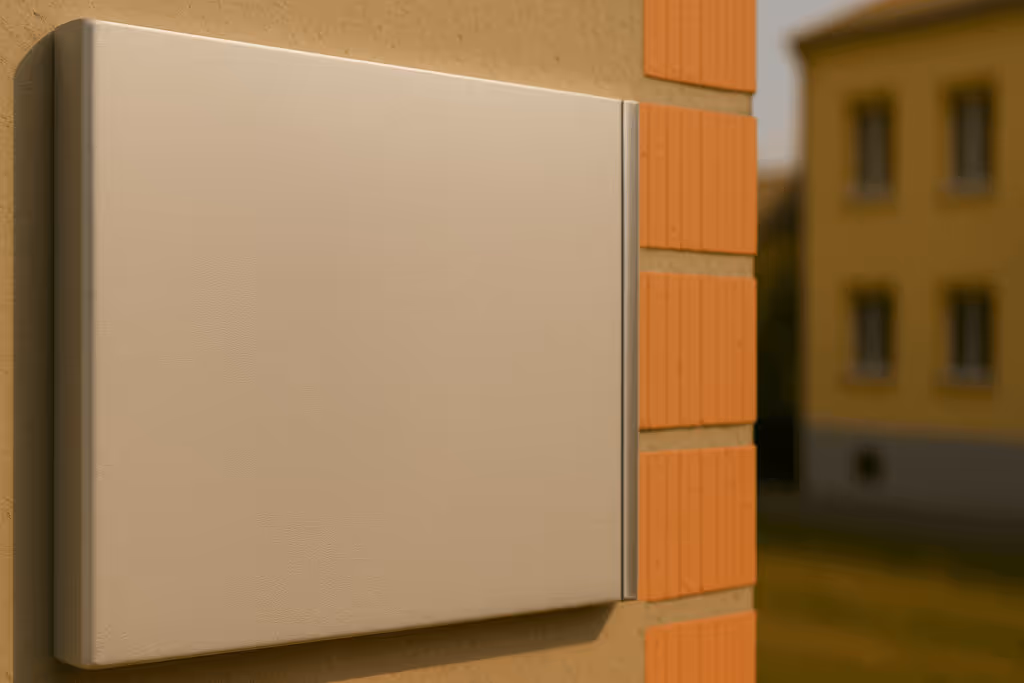 Eine Vakuumdämmplatte an einer Hauswand
