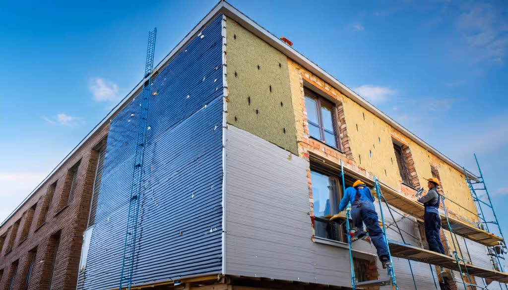 Mehrstöckiges Altbau-Gebäude während der Fassadendämmung. Handwerker arbeiten auf einem Gerüst, befestigen Dämmplatten und installieren eine vorgehängte hinterlüftete Fassade. Die Fassade zeigt unterschiedliche Bauphasen mit ungedämmten, gedämmten und verkleideten Abschnitten.