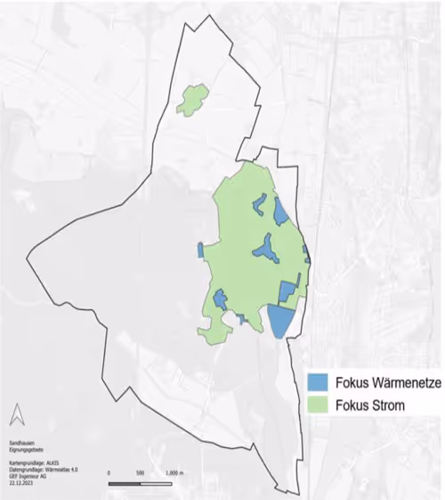 Karte von Sandhausen, welche die Kommunale Wärmeplanung zeigt. Die meisten Gebiete sind nicht für den Einsatz von Fernwärme eingeplant.