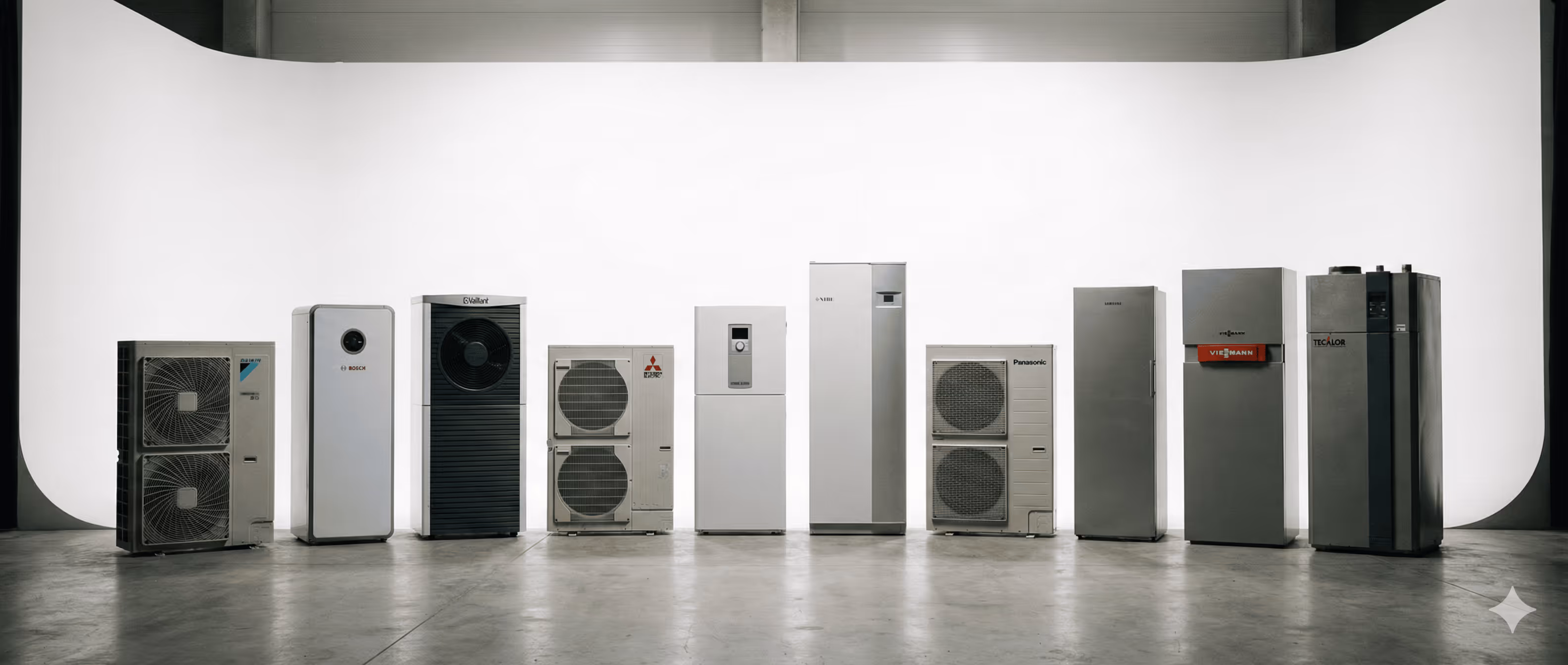 10 Wärmepumpen stehen nebeneinander in einem Studio