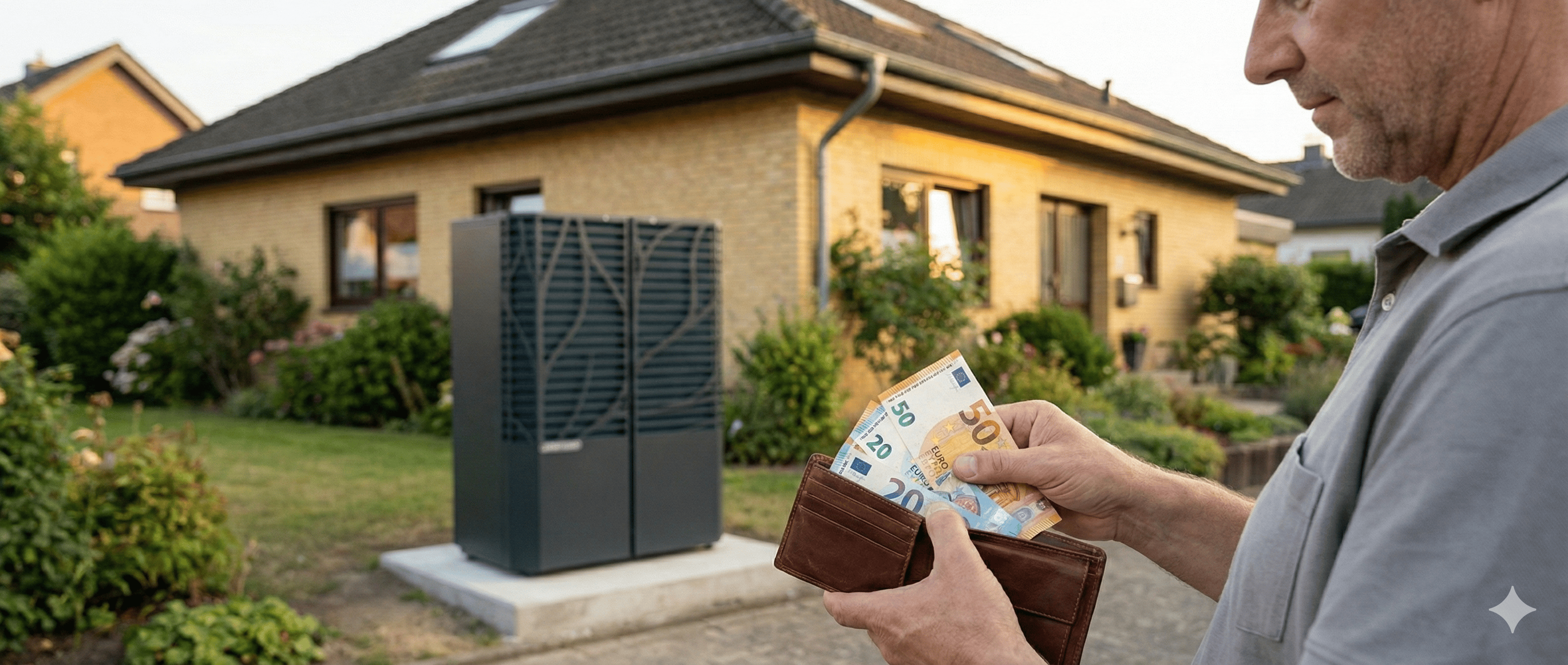 Hausbesitzer mit offenem Portmoinee vor seinem Haus mit neuer Wärmepumpe