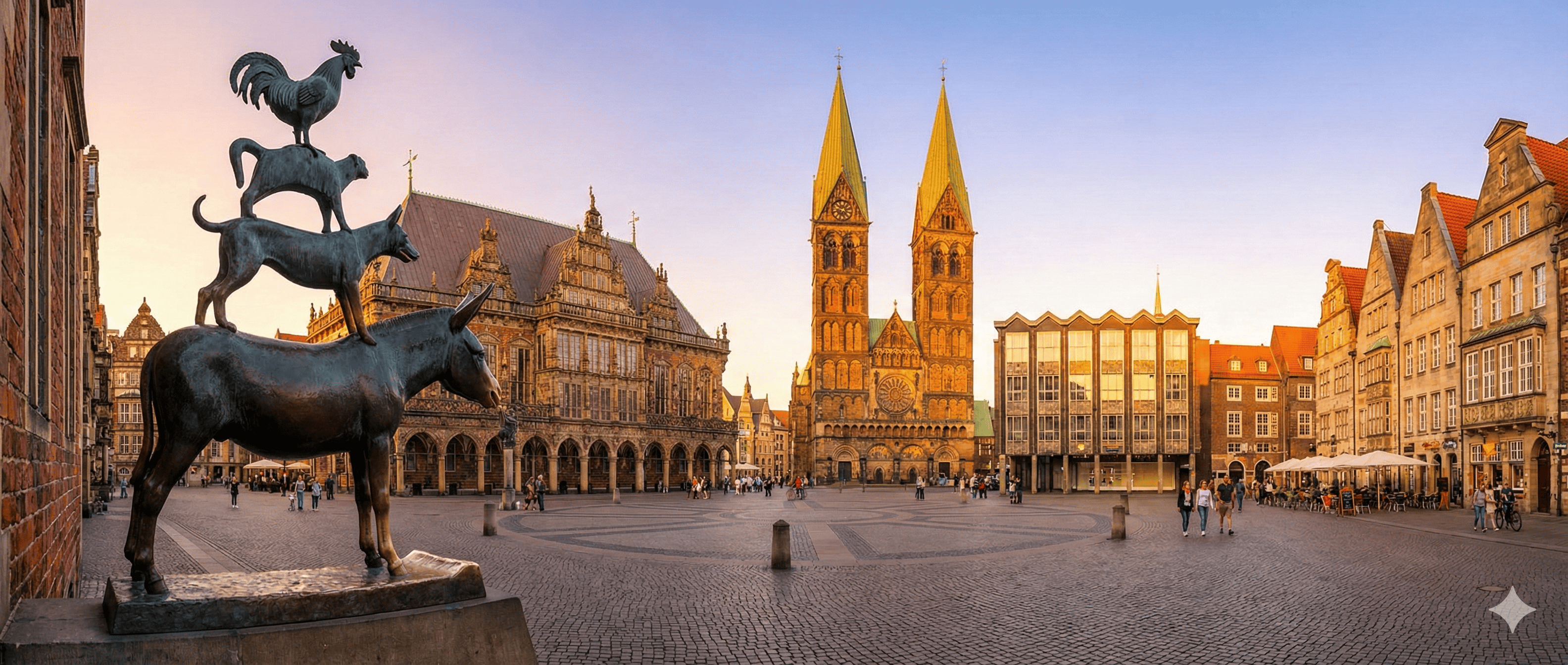 Bremen Marktplatz am Abend mit Stadtmusikanten in Weitwinkel Panorama Aufnahme