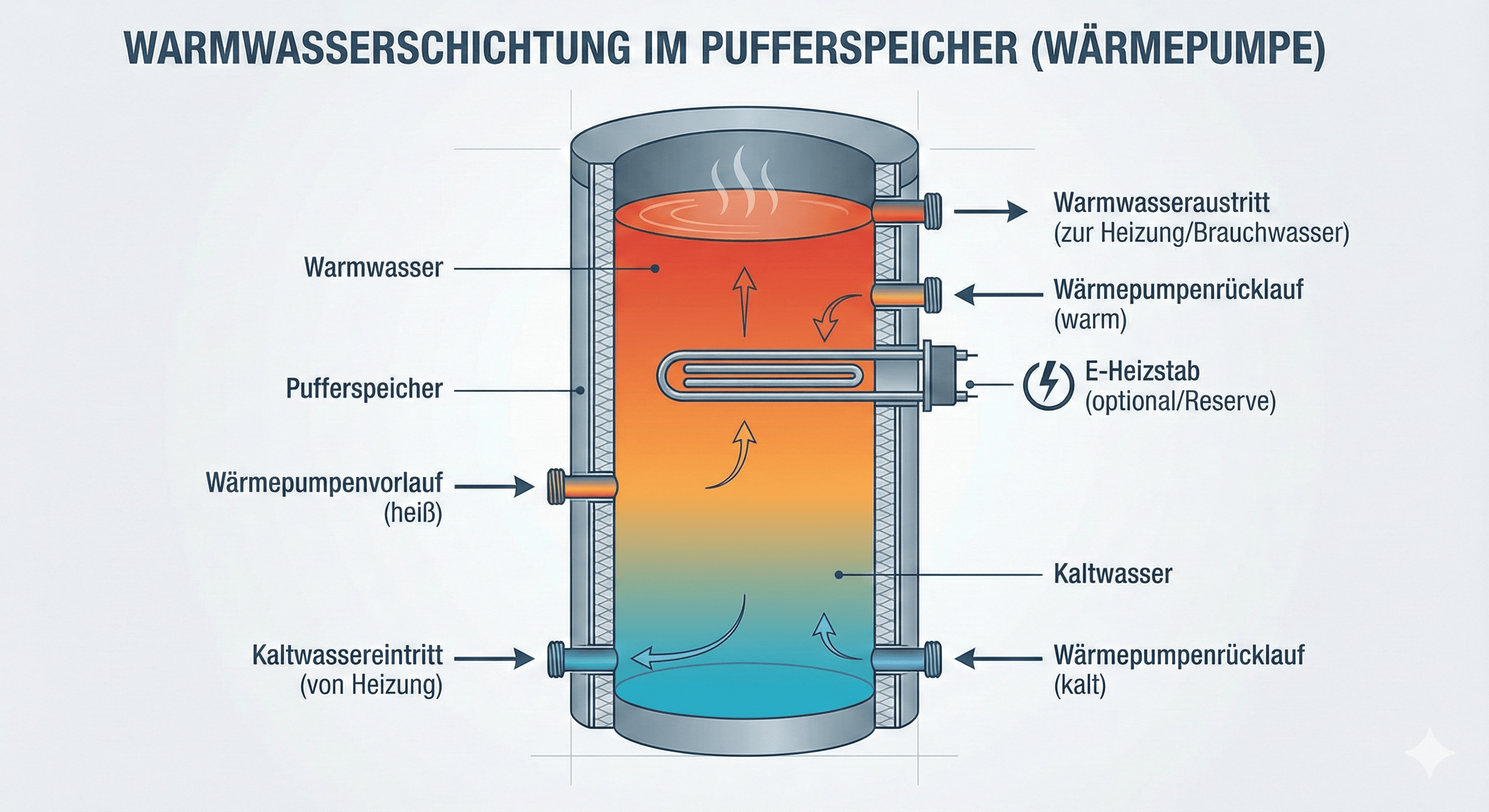 Pufferspeicher einer Wärmepumpe im Querschnitt mit Bauteilen