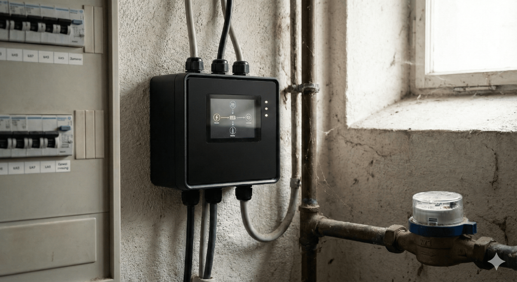 Home Energy Management System (HEMS) an der Kellerwand installiert, verbunden mit Stromzähler und Sicherungskasten zur intelligenten Steuerung des Energieverbrauchs im Gebäude.