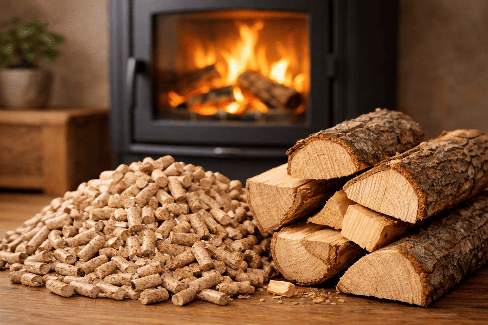 Nahaufnahme von Holzpellets und gespaltenem Brennholz im Vordergrund, im Hintergrund ein moderner Holzofen mit brennendem Feuer als nachhaltige Biomasse-Heizenergie.