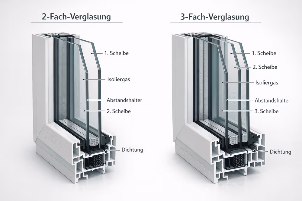 Vergleich des Glasaufbaus von Doppelverglasung und Dreifachverglasung in einer Schnittdarstellung.