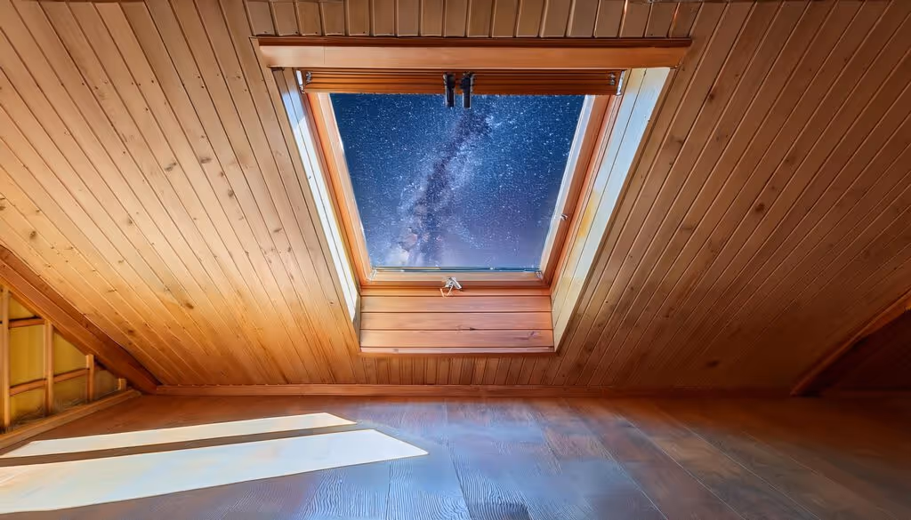 Saniertes Dachfenster, mit dem Blick in den Himmel.