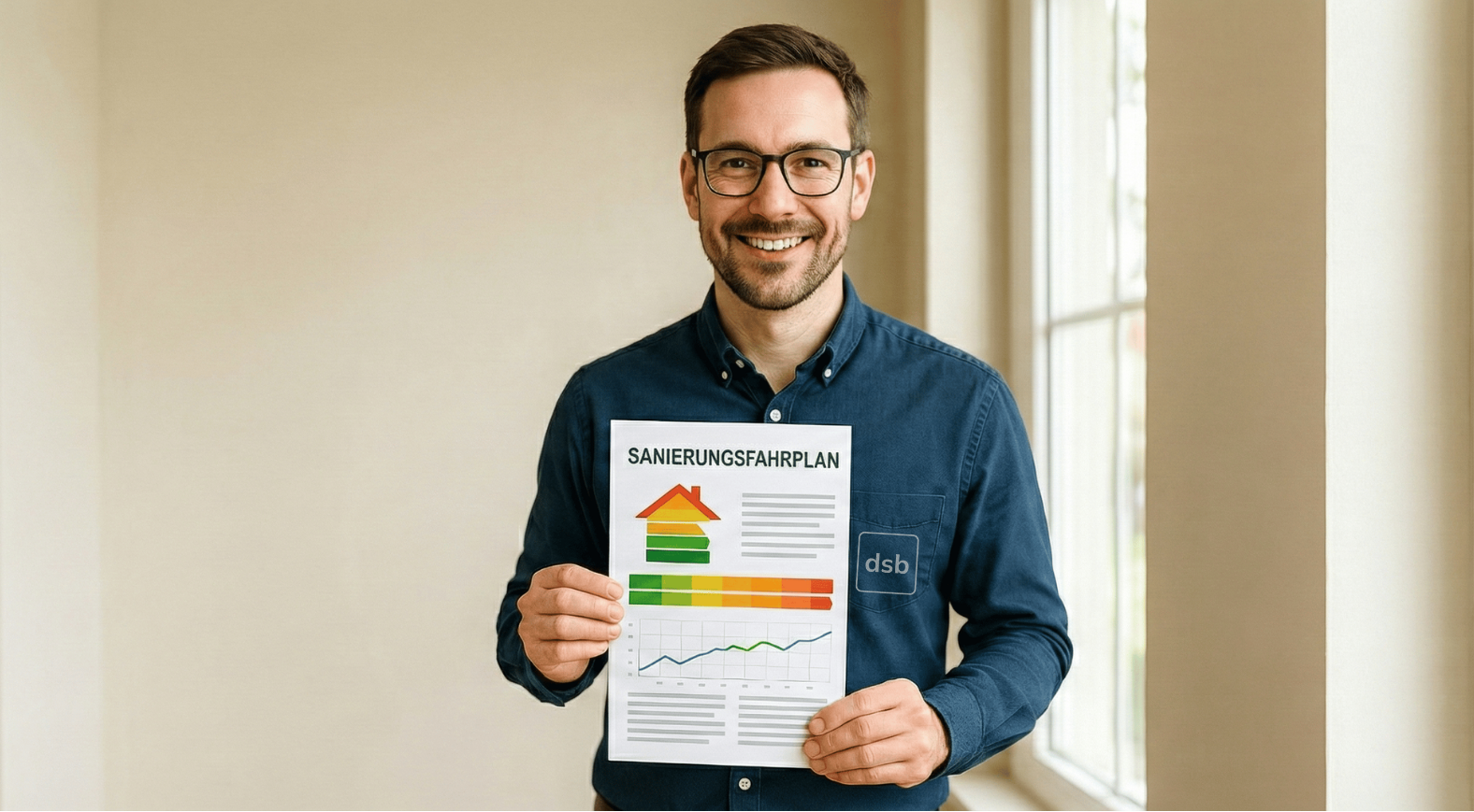 Energieberater hält einen individuellen Sanierungsfahrplan (iSFP) mit Energieeffizienzklassen und Maßnahmen zur energetischen Gebäudesanierung.