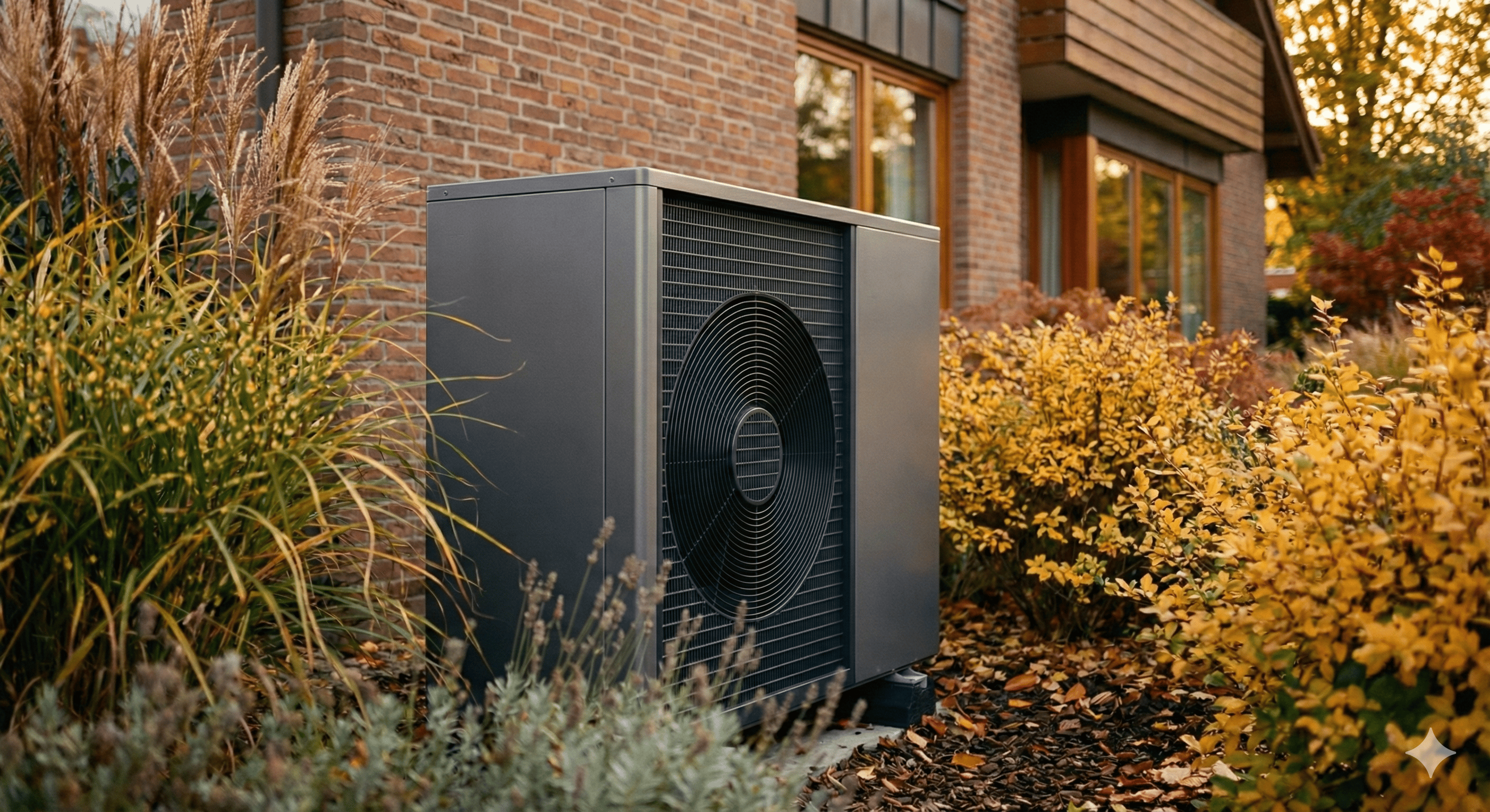 Waermepumpe im Vorgarten im Herbst