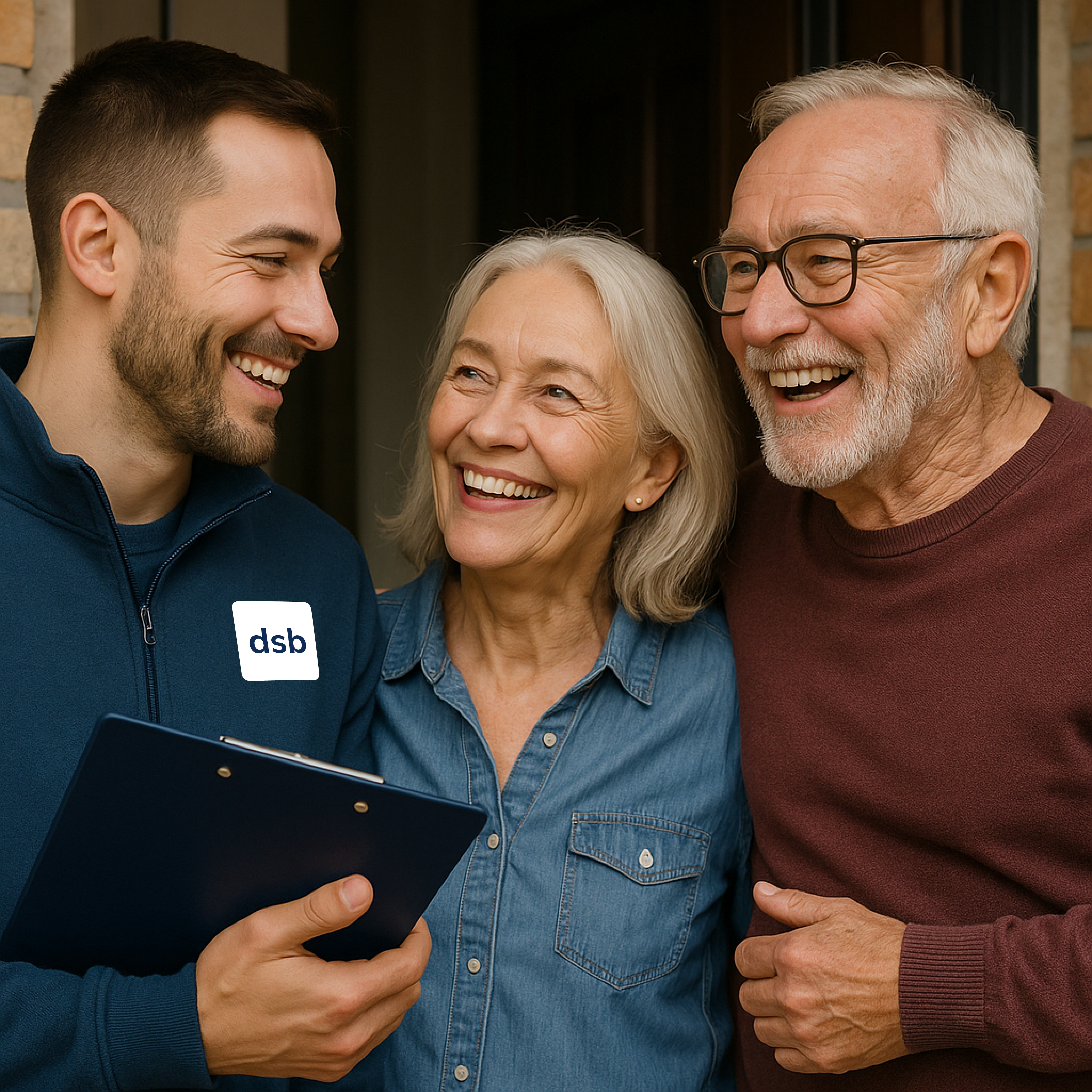 Energieberater im Gespräch mit einem älteren Ehepaar vor einem Wohnhaus, Beratung zur energetischen Sanierung und Steigerung der Energieeffizienz.