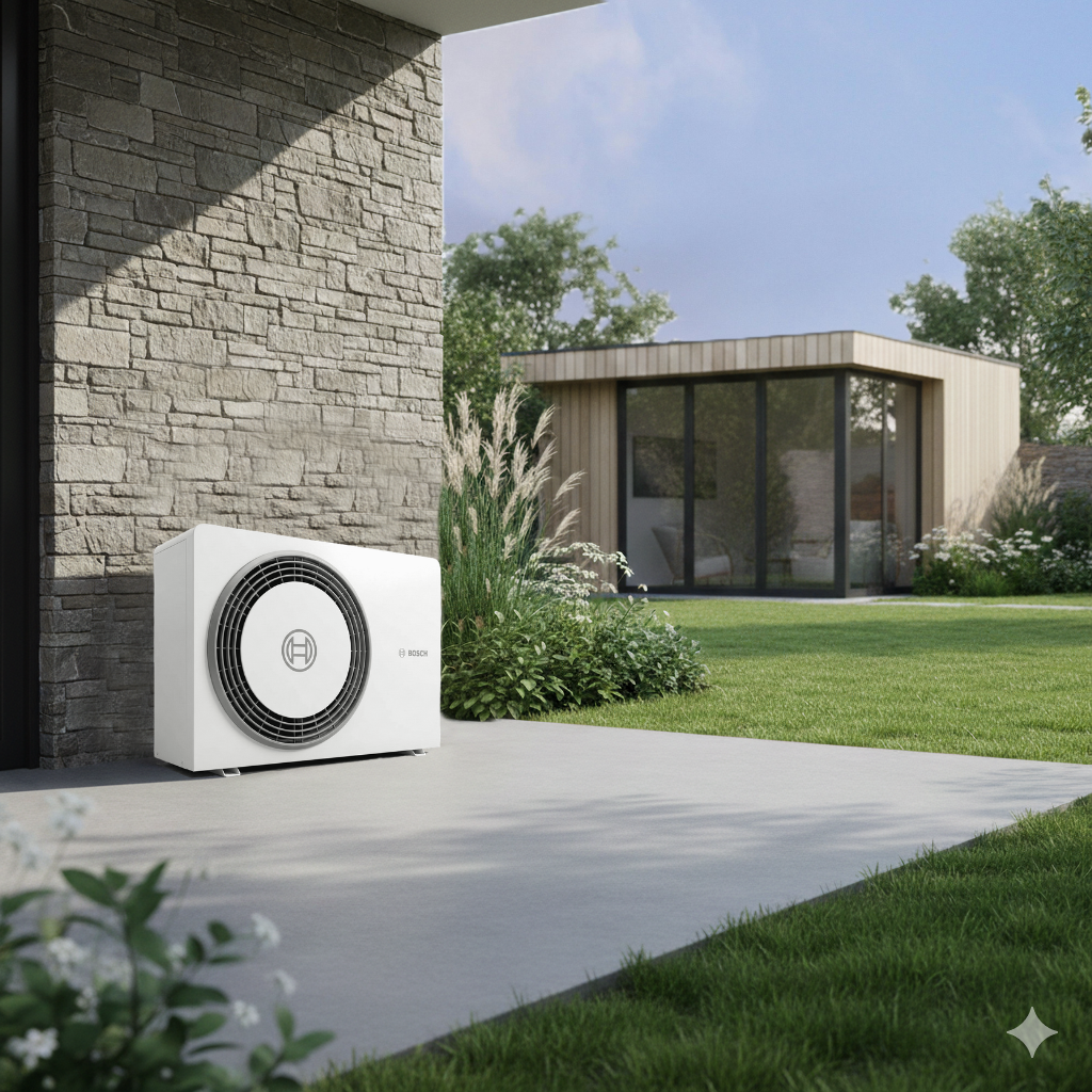 Moderne Bosch Wärmepumpe im Garten vor Steinwand bei weichem Tageslicht.