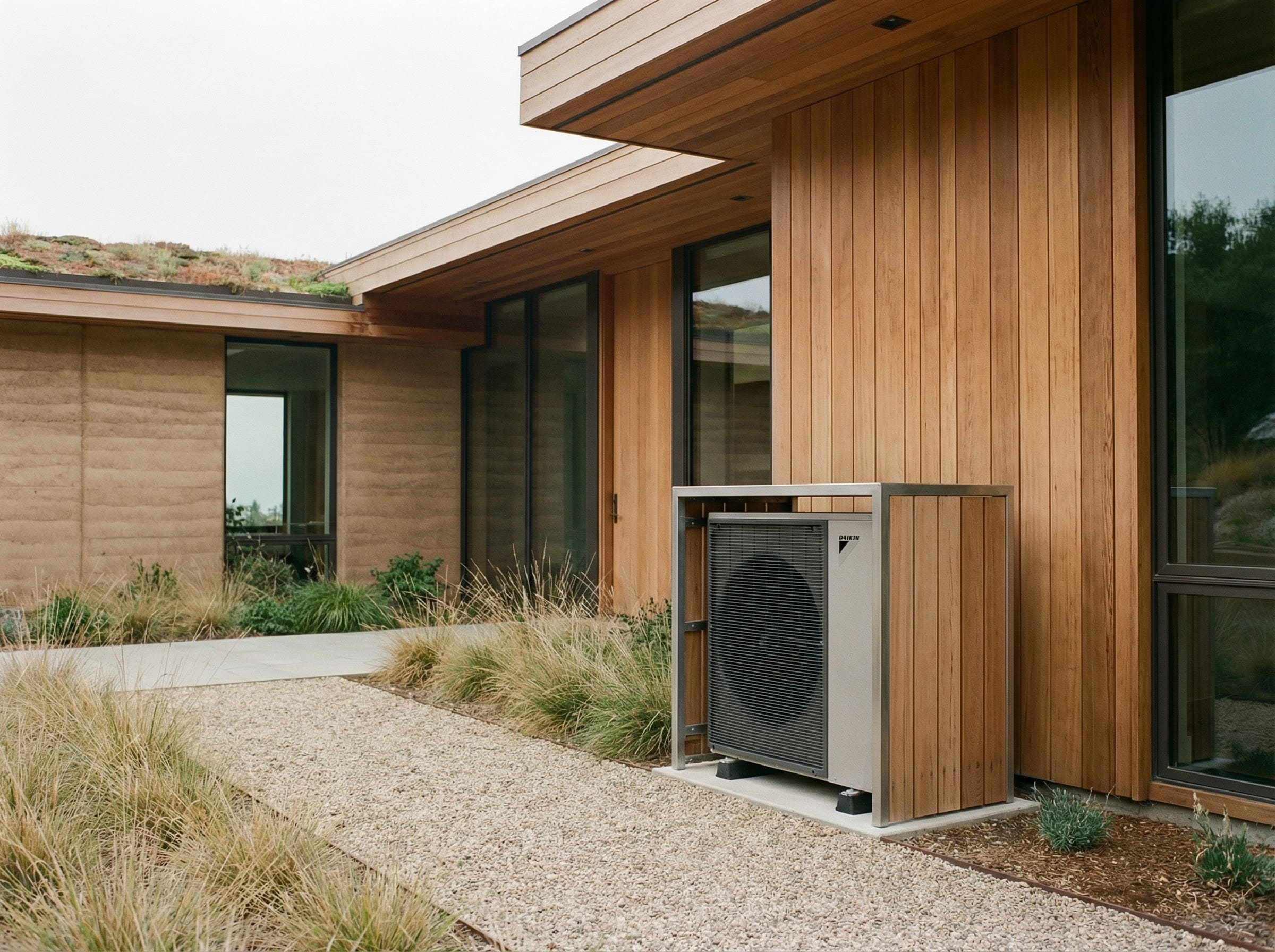 Außeneinheit einer Luft Wasser Wärmepumpe an einem Wohnhaus