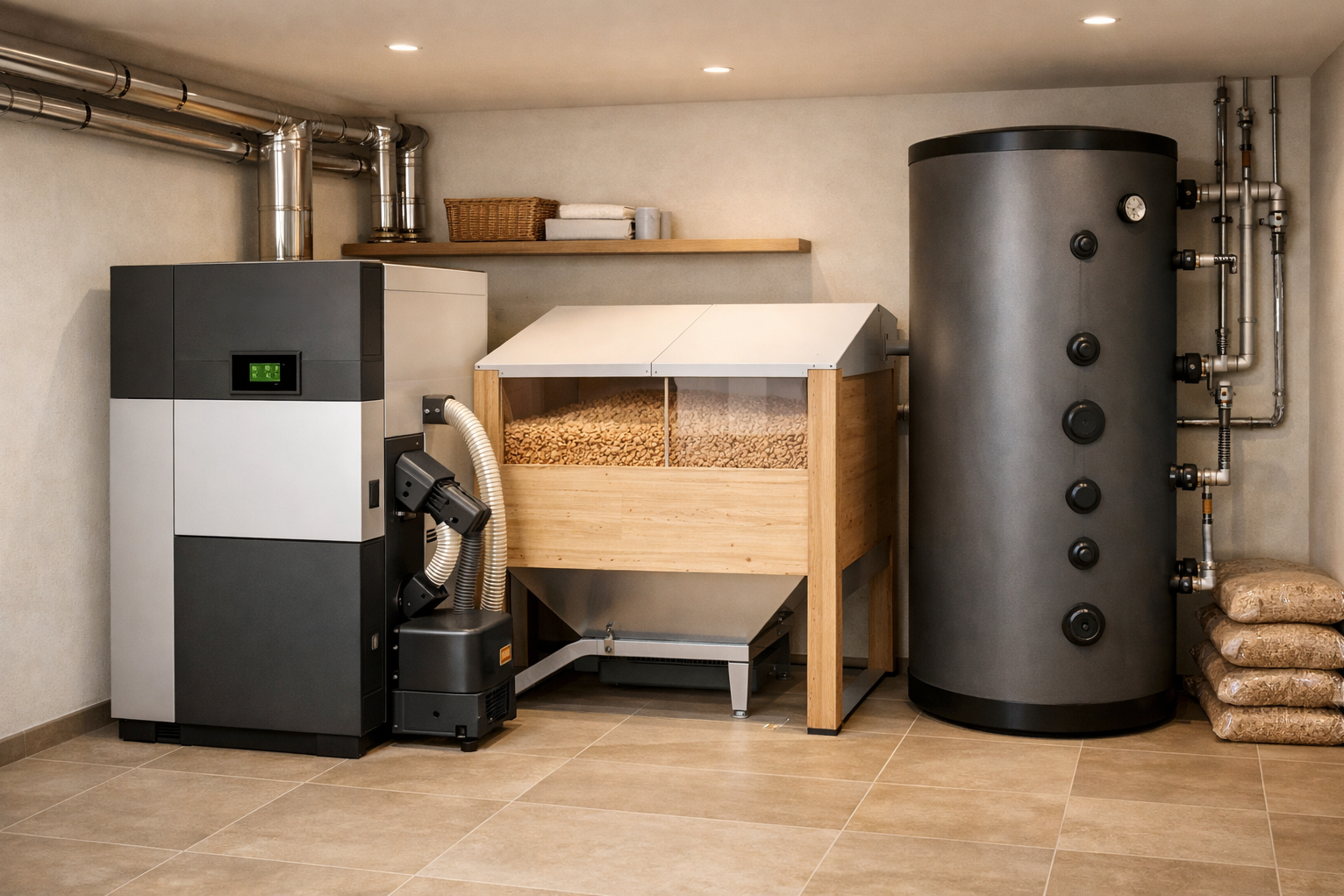 Pelletheizung mit Pelletlager und Pufferspeicher im Heizraum