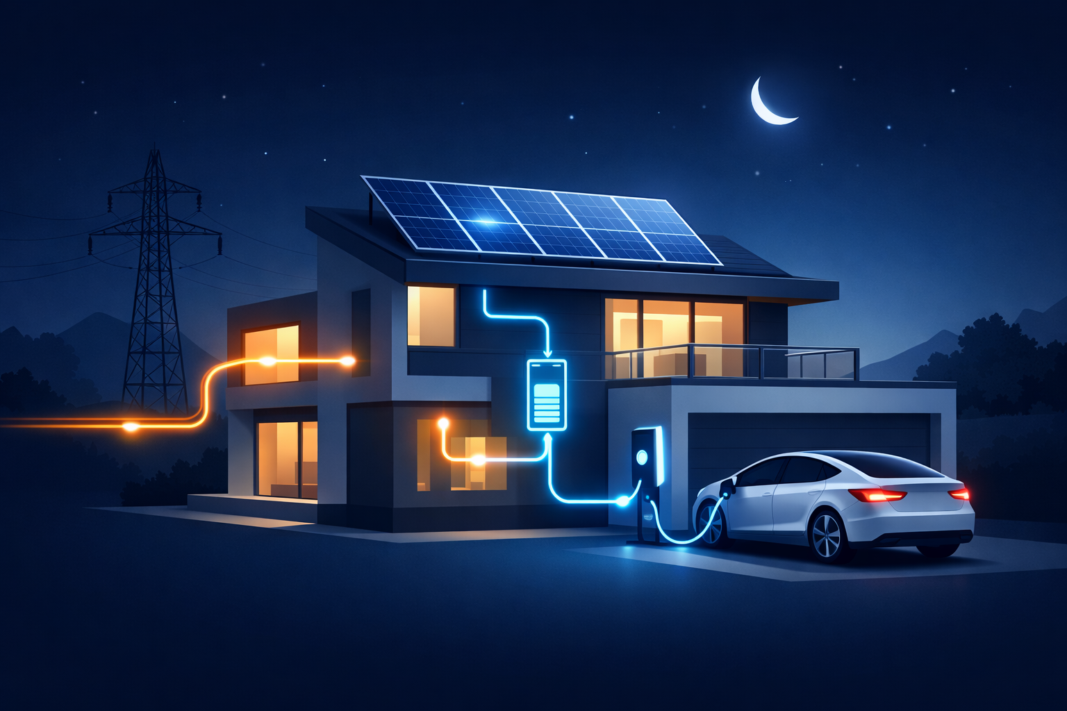 Haus mit Solaranlage, Stromspeicher und Elektrofahrzeug, Darstellung bidirektionaler Energieflüsse im Energiesystem