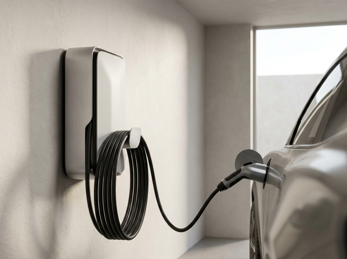Bidirektionale Wallbox lädt Elektroauto in moderner Garage, Ladekabel mit Fahrzeug verbunden