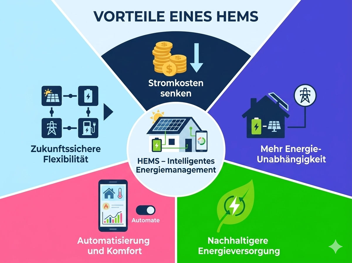 Infografik: Vorteile eines Home Energy Management Systems (HEMS) – Stromkosten senken, mehr Energie-Unabhängigkeit, Nachhaltigkeit, Automatisierung und Flexibilität.