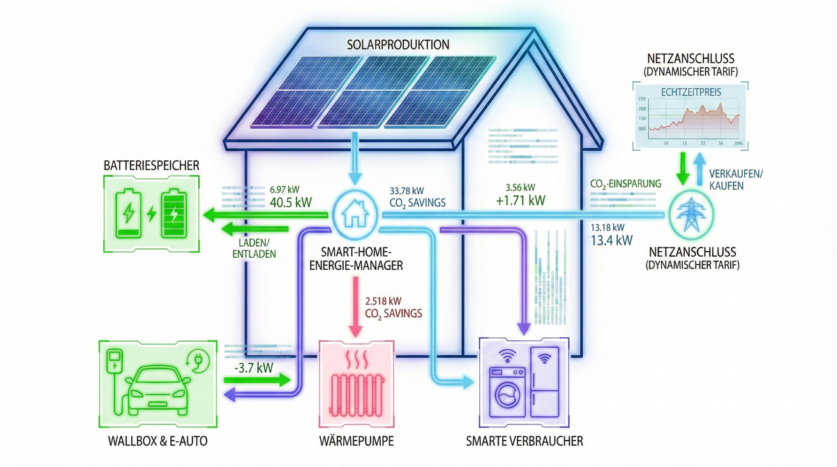 Infografik eines Home Energy Management Systems (HEMS), das Solarstrom, Batteriespeicher, Wärmepumpe, Wallbox und Haushaltsgeräte im Haus intelligent steuert.