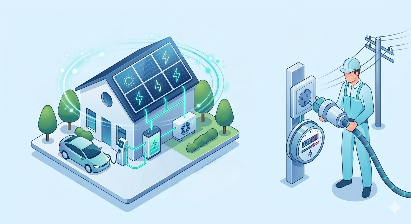 Haus mit Solaranlage, Batteriespeicher, Wärmepumpe und Wallbox, verbunden über Smart Meter und Stromnetz.