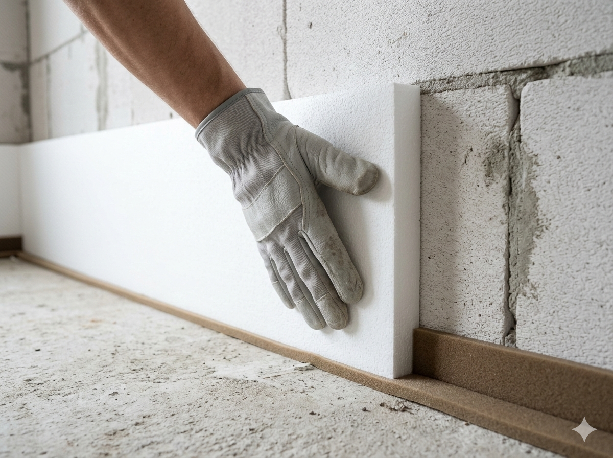 Montage einer Innendämmung: Hand mit Handschuh drückt eine weiße Dämmplatte gegen eine Mauer.