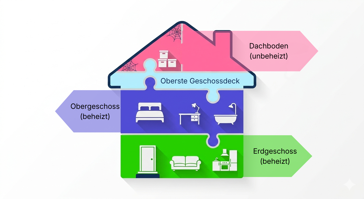 Haus-Infografik aus vier Puzzle-Teilen: Erdgeschoss und Obergeschoss beheizt, darüber Geschossdecke und unbeheizter Dachboden.
